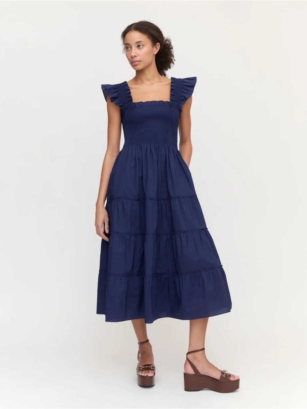 100% cotton navy Smocked Tiered Midi Dress with Ruffle 1214